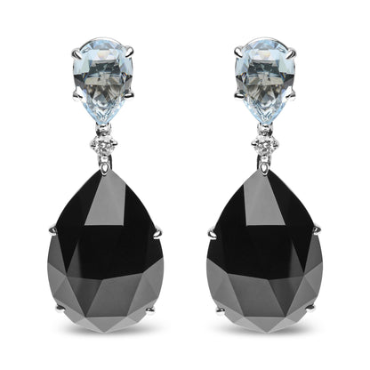 18K White Gold 1/5 Cttw Diamond with Pear Cut Sky Blue Topaz and Pear-Cut Black Onyx Gemstone Dangle Earring (G-H Color, SI1-SI2 Clarity)