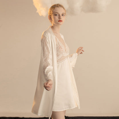 Luxurious Lace Satin Bridal Lingerie Set with Nightgown & Robe - 7 Colors Next Day Shipping