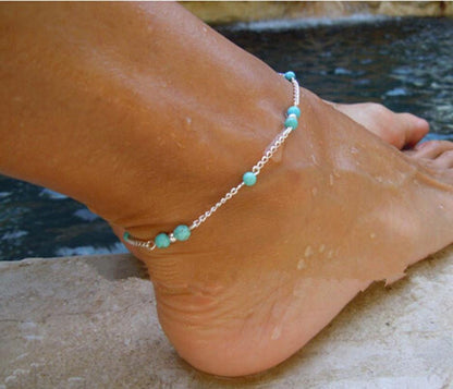 Simple & Sexy Silver & Turquoise Beaded Anklet